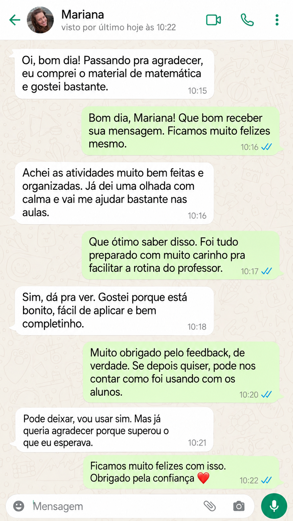 Print de conversa no WhatsApp com Mariana elogiando as atividades de matemática.