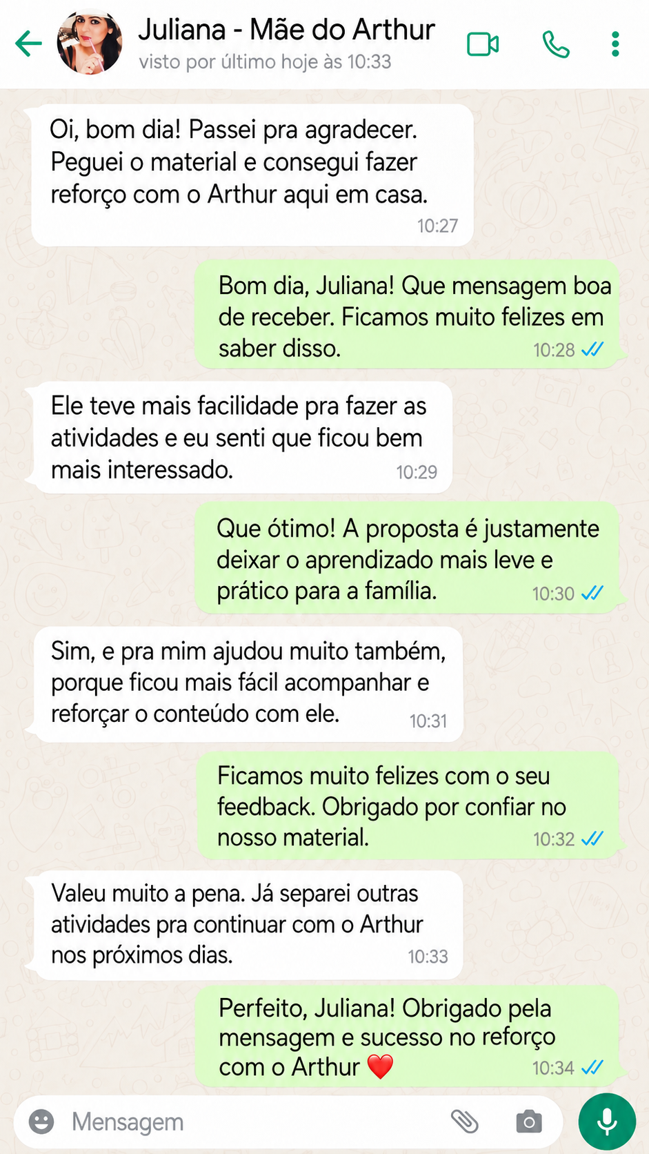Print de conversa no WhatsApp com Juliana, mãe do Arthur, sobre o reforço em casa.